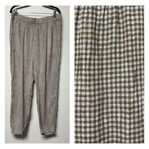 EILEEN FISHER 100% Organic Linen Tan/White Gingham Print Pull-On Pants, Sz M
